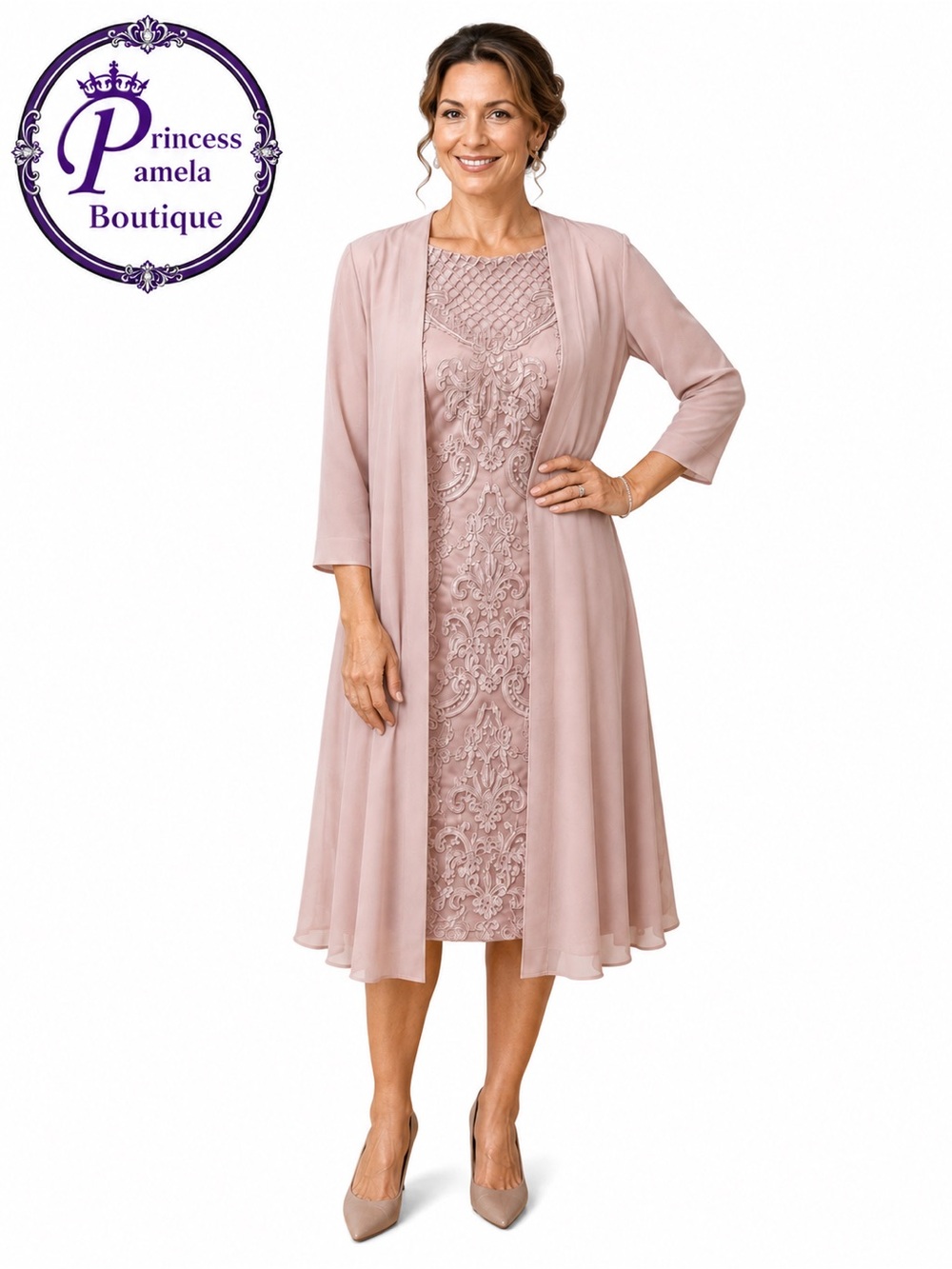 #7 - 12 Two Pc.  Dusty Rose Embroidery Baroque Midi Dress & Chiffon Jack